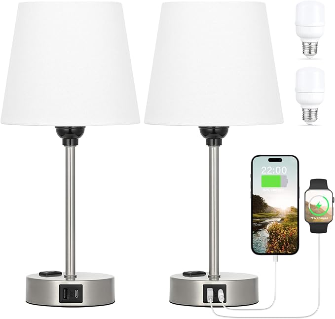 Table Lamps for Bedrooms Set of 2 Bedside - Nightstand with USB C Port and AC Outlet Charging, Dimmable Touch Small White End Side Lamp Light for Kid/Guest Room/Living Room - LeafyLoom