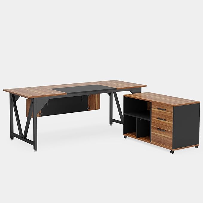 70.8" Executive Desk with 35.4" File Cabinet, L-Shaped Computer Desk, Wood Office Desk for Home Office - LeafyLoom