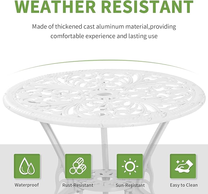 3 Piece Patio Set Outdoor Cast Aluminum Patio Bistro Table and Chairs Set of 2,All Weather Outdoor Bistro Sets with 1.97" Umbrella Hole for Front Porch Set,Garden(White) - LeafyLoom