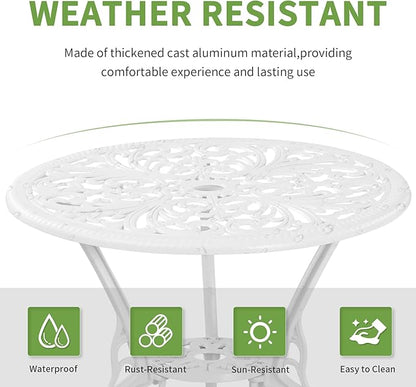 3 Piece Patio Set Outdoor Cast Aluminum Patio Bistro Table and Chairs Set of 2,All Weather Outdoor Bistro Sets with 1.97" Umbrella Hole for Front Porch Set,Garden(White) - LeafyLoom