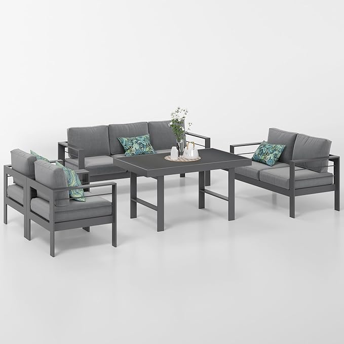 Solaste Aluminum Patio Furniture Set,5 Pieces Modern Outdoor Conversation Set Sectional Sofa with Upgrade Cushion and Dining Table, Grey - LeafyLoom