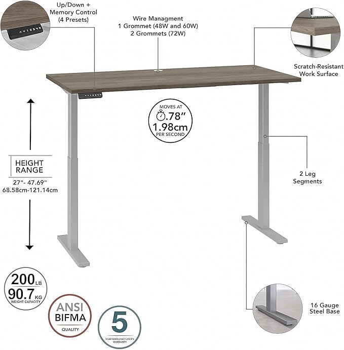 Bush Business Furniture M6S6030MHSK Move 60 27-Inch -48-Inch Adjustable Desk, Modern Hickory/Cool Gray Metallic - LeafyLoom