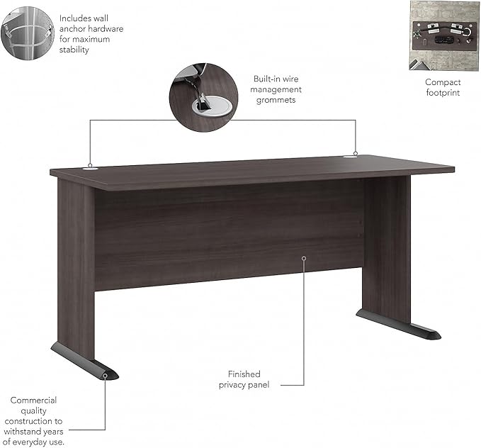 Bush Business Furniture Studio A Computer Desk, Commercial-Grade Gaming and Work Table for Home or Professional Office, 60W, Storm Gray - LeafyLoom