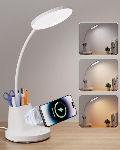 hansang LED Desk Lamp with Wireless Charger for Home Office, Stepless Dimmable, 3 Color Modes, Touch Control White Study Lamp for College Dorm Room, Pen Holder, CRI 90, 800 Lumen, Adapter Included - LeafyLoom