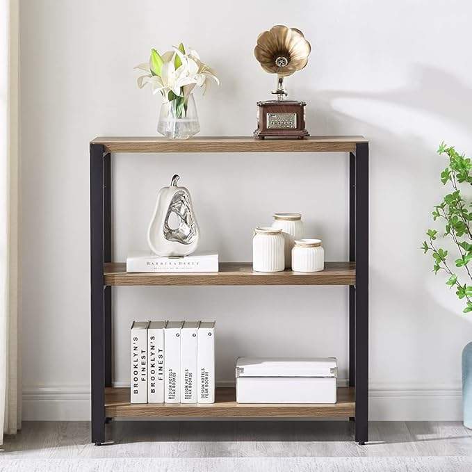 FOLUBAN 3 Tier Bookshelf, Industrial Bookcase and Book Shelves for Bedroom, Rustic Wood and Metal Book Case for Office, Oak - LeafyLoom