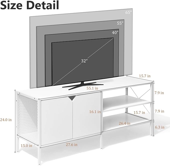 White TV Stand with Storage - Television Stands for Living Room, 50 Inch TV Table for 32 40 55 65 Inch TV, TV Consle for Bedroom, White - LeafyLoom