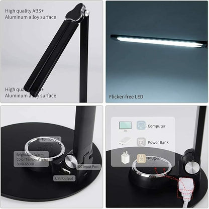 LED Desk Lamp Dimmable Table Lamp, LED Desk Lighting with USB Charging Port, 10W Foldable Rotatable Desk Lights, Touch Control Adjustable Office Lamp with Adapter for Reading - LeafyLoom