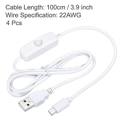 MECCANIXITY USB Cable with 501 ON/Off Switch, USB Male to Micro USB Male Power Cable 100cm for Digital Equipment LED Desk Lamp LED Strip White Pack of 4 - LeafyLoom