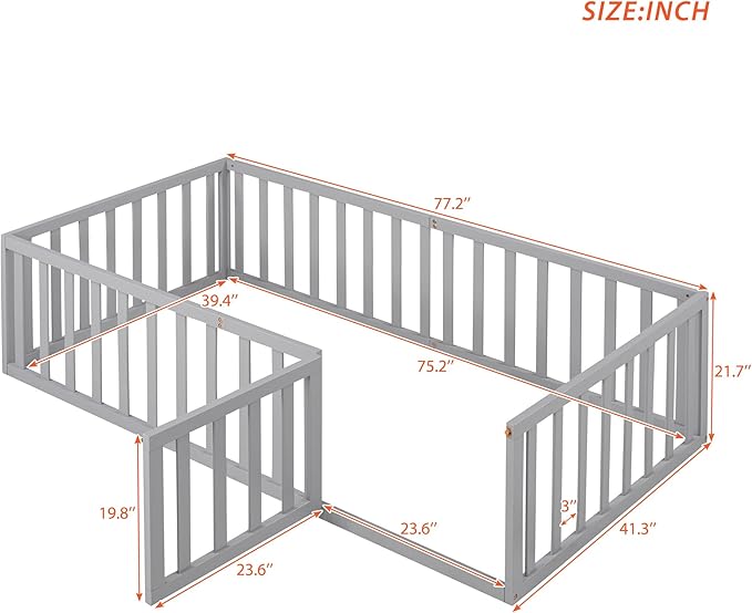 Multifunctional Twin Size Floor Bed with Safety Guardrails and Door, Montessori Sturdy Solid Wood Beds Frame, Easy Assembly and No Spring Need, for Boys and Girls Room, Gray - LeafyLoom