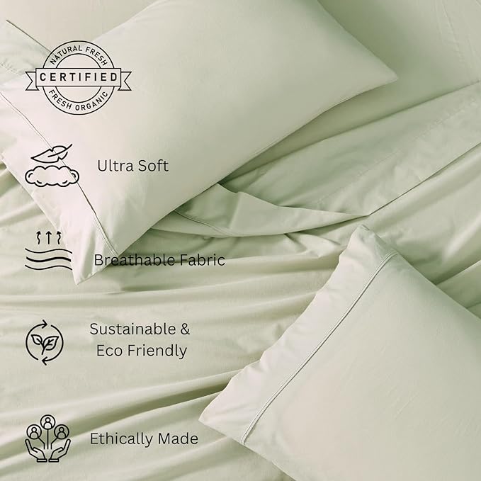 LANE LINEN 100% Organic Cotton Twin XL Sheets Set 3-Piece Pure Percale Bedsheets Soft Bedding Breathable Fits Mattress Upto 15" Deep - Mineral - LeafyLoom