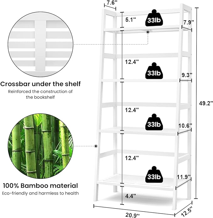 Homykic Bamboo White Bookshelf 4-Tier Ladder Shelf, 49.2” Freestanding Open Bookcase Book Shelf Bathroom Storage Shelf Unit Plant Stand for Small Space, Bedroom, Living Room, Home Office - LeafyLoom