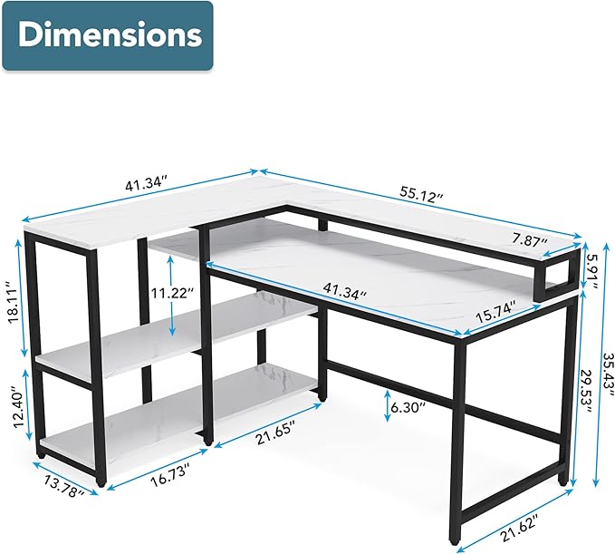 Reversible L Shaped Computer Desk with Storage Shelf, Industrial Corner Desk with Monitor Stand for Home Office - LeafyLoom