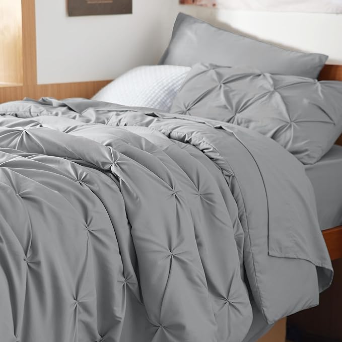 Bedsure Twin XL Comforter Set - Extra Long 5 Pieces Dorm Bedding Sets, Pinch Pleat Grey Bed in a Bag with Comforter, Sheets, Pillowcase & Sham - LeafyLoom