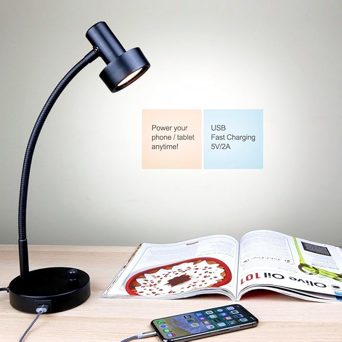 O’Bright Dimmable LED Desk Lamp with USB Charging Port (5V/2A), Full Range Dimming LED, Table Lamp with USB Charger, Flexible Gooseneck, Office Desk Lamp/Bedside Lamp, Vintage Design (Black) - LeafyLoom