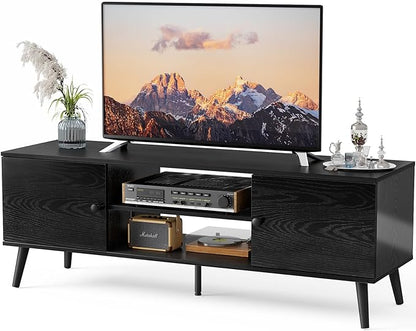 Sweetcrispy TV Stand for 55 60 inch Television, Entertainment Center with Storage, 2 Cabinet Media Console Table, Soft Hinge Door with Handle, Wood Feet, Living Room, Bedroom Furniture, Black - LeafyLoom