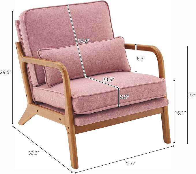 Bonnlo Linen Pink Mid Century Modern Accent Chair, Soild Wood Padding Lounge Armchairs Side Sitting Chairs for Living Room, Bedroom, Guest Room - LeafyLoom