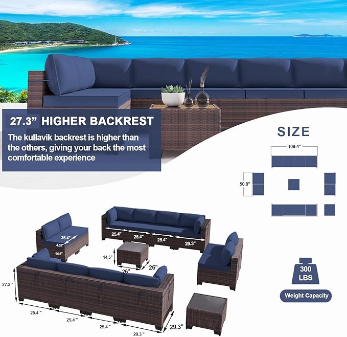 Kullavik 14PCS Outdoor Patio Furniture Set PE Wicker Rattan Sectional Sofa Patio Conversation Sets,Navy blue - LeafyLoom