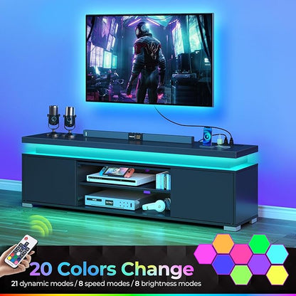 Rolanstar TV Stand with Power Outlet & LED Lights, Modern Entertainment Center for 32/43/50/55/65 Inchs TVs, TV Table, Universal Gaming LED TV Media Stand with Large Storage Cabinet, Black - LeafyLoom