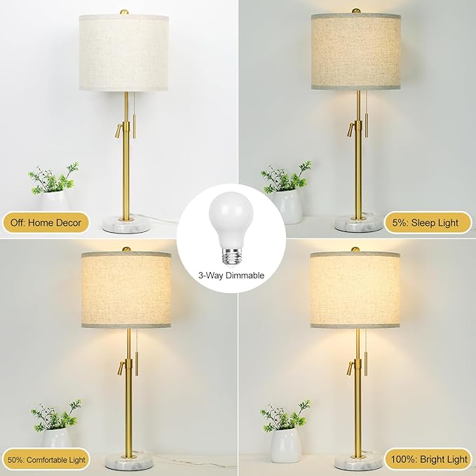 Table Lamp Set of 2: 22" to 30" Height Adjustable Pull Chain Switch for Living Room Bedroom End Table, Marble Base Beige Linen Shade Gold Nightstand Lamp for Office, Bedside Table (Gold, Beige Shade) - LeafyLoom