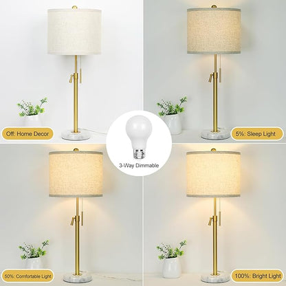 Table Lamp Set of 2: 22" to 30" Height Adjustable Pull Chain Switch for Living Room Bedroom End Table, Marble Base Beige Linen Shade Gold Nightstand Lamp for Office, Bedside Table (Gold, Beige Shade) - LeafyLoom