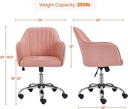 Yaheetech Velvet Vanity Chair Makeup Chair Cute Office Chair Aesthetic Desk Chair Height Adjustable Task Chairs 360° Swivel Computer Chair Living Room Chairs with Arms&Stainless Base Accent Pink - LeafyLoom