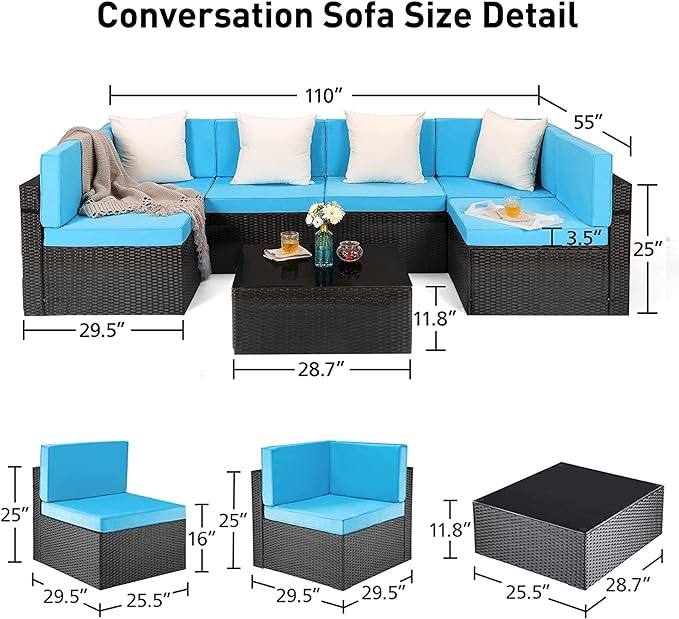 Pamapic 8 Pieces Patio Conversation Sets with fire Pit, Patio Furniture Sectional Sofa with Gas Fire Pit Table(Black Wicker,Blue Cushions) - LeafyLoom