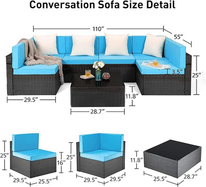 Pamapic 8 Pieces Patio Conversation Sets with fire Pit, Patio Furniture Sectional Sofa with Gas Fire Pit Table(Black Wicker,Blue Cushions) - LeafyLoom