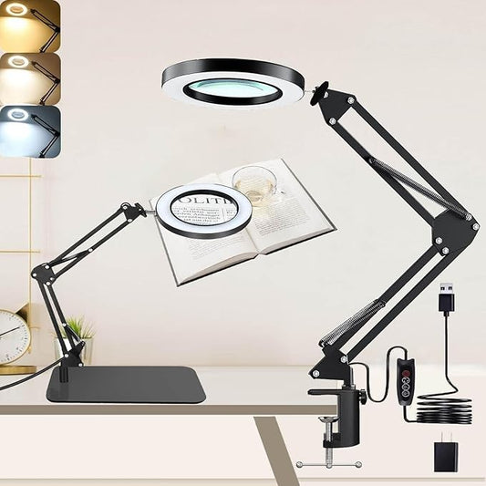 Magnifying Glass with Light and Stand, Desk Lamp with 10X Magnifying, 3 Color Modes, Dimmable Swivel Arm Magnifier Light for Crafts Workbench - LeafyLoom