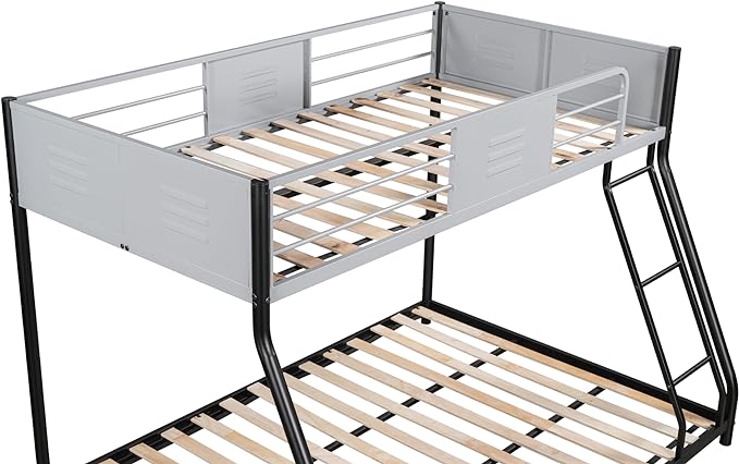 Metal Twin Over Full Bunk Bed, Heavy-Duty Sturdy Metal Frame with Safety Vent Board Guardrail, Low Bunk Beds for Kids, Teens, Adults, No Box Spring Needed - LeafyLoom