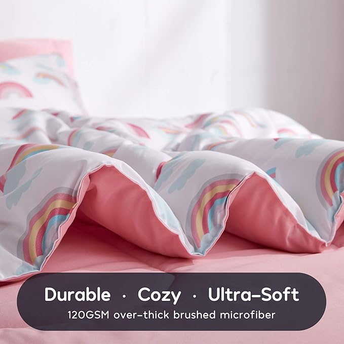 SLEEP ZONE Kids Twin Bedding Comforter Set - Super Cute & Soft Kids Bedding 5 Pieces Set with Comforter, Sheet, Pillowcase & Sham (Pink Rainbow) - LeafyLoom