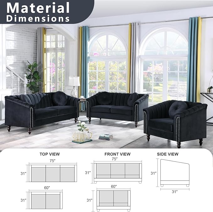 Velvet Modern Living Room Couch 3 Piece with Scroll Arms and Nailhead, includes 2 Love-seat Chair & Armchair, Sofa and Loveseat Set Black - LeafyLoom