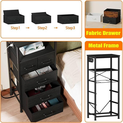 Furnulem Vertical Dresser with Charging Station and LED Lights, Black Chest of Drawers with Shelf and 5 Fabric Bins, Tall Nightstand for Entryway, Closet, Bedside Table, Wood Top, Bedroom Furniture - LeafyLoom