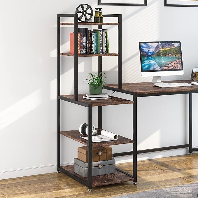 79 Inch Reversible L-Shaped Desk, Large Corner Computer Desk with 5 Tier Storage Shelves - LeafyLoom