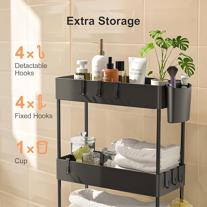 Pipishell Slim Storage Cart with Wheels, Bathroom Cart Organizer Bathroom Storage Small, Rolling Cart for Bathroom, Laundry Room, Kitchen, Narrow Space, Black PIUC05 - LeafyLoom