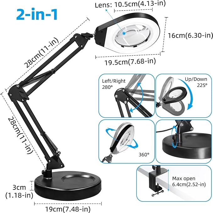 Magnifying Glass with Light and Stand & Clamp, Magnifying Desk Lamp with LED Lighted 5X Magnifier, Dual Fixtures, Upgraded Switch, for Hobby Craft Repair Reading Precision Work - LeafyLoom