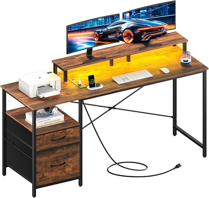 Yoobure Computer Desk, Office Desk with LED Lights & Power Outlets, Gaming Desk with Fabric File Cabinet, 55.1" Home Office Desks， Writing Desk with Drawers, Computer Table with Long Monitor Stand - LeafyLoom