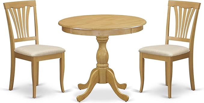 East West Furniture Antique 3 Piece Room Furniture Set Contains a Round Dining Table with Pedestal and 2 Linen Fabric Upholstered Chairs, 36x36 Inch, AMAV3-OAK-C - LeafyLoom