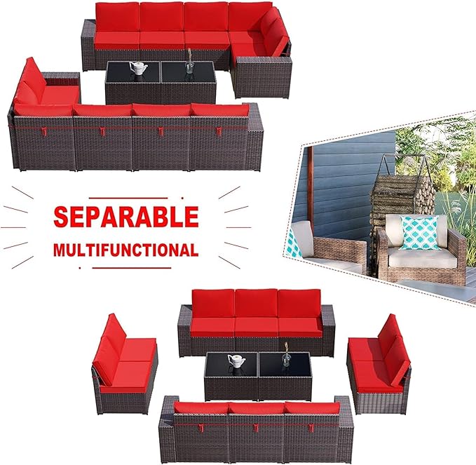 Kullavik 12PCS Outdoor Patio Furniture Set PE Wicker Rattan Sectional Sofa Patio Conversation Sets,Red - LeafyLoom