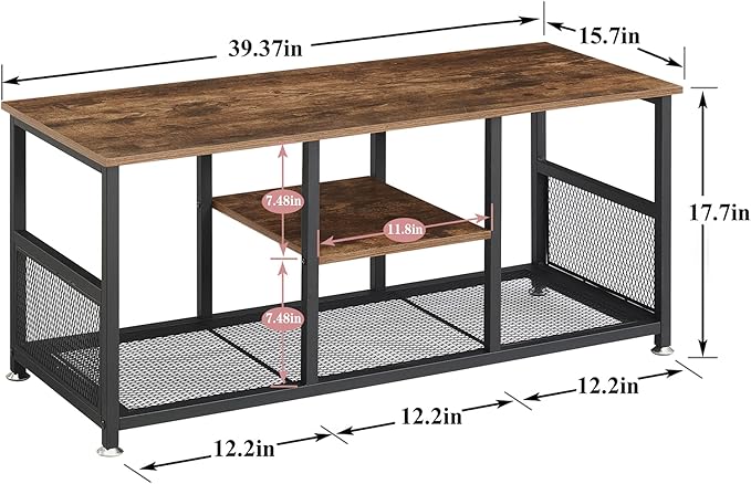 VECELO Industrial 39" TV Stand,3-Tier Console Table, Media Entertainment Center for 47 Inches Television, for Living Room Bedroom, Rustic Brown - LeafyLoom