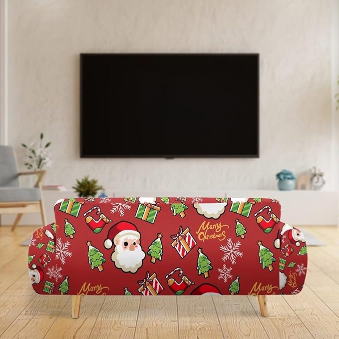 FKELYI Christmas Decor Red Sofa Slipcover for Living Room Santa Claus Sofa Couch Cover with Elastic Bottom Non-Slip Furniture Protector XL FKELYI