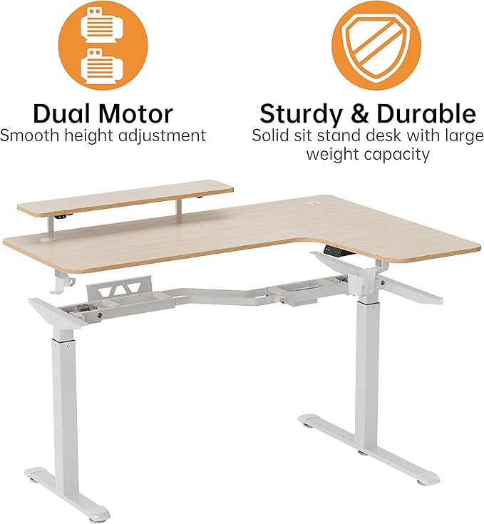 EUREKA ERGONOMIC Standing Desk Adjustable Height 61" Electric Sit Stand Computer Desk L Shaped with Keyboard Tray,Monitor Stand &LED, Dual Motor Memory Presets Sit to Desk Adjustable Desk, Right/Maple - LeafyLoom