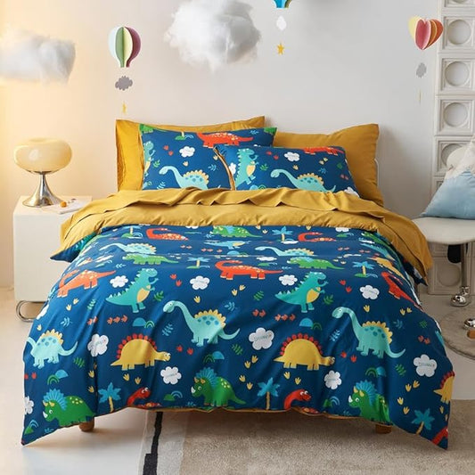 Wake In Cloud - Dinosaur Bedding Set for Boys, Cute Colorful Dinosaur Comforter Set with Sheets, 5 Pieces Kids Bed in a Bag, Navy Blue, Twin Size - LeafyLoom