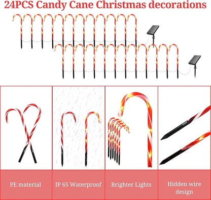 24-Pack Upgraded Solar Christmas Candy Cane Lights, Solar Pathway Lights Waterproof, Christmas Decorations Outdoor with 8 Modes for Party Patio Garden Lawn Yard Decor IDEAALS