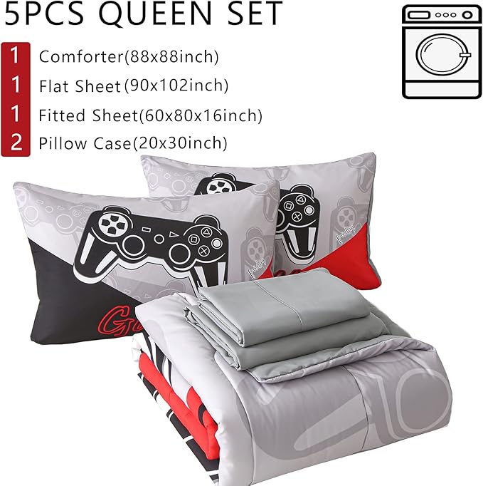 KAKKI 5 Piece Boys Queen Gamer Comforter Set with Sheets, 3D Colorful Video Game Controller Comforter for Kids Teen, All Season Soft Microfiber Gaming Bedding Set(Red,Queen) - LeafyLoom