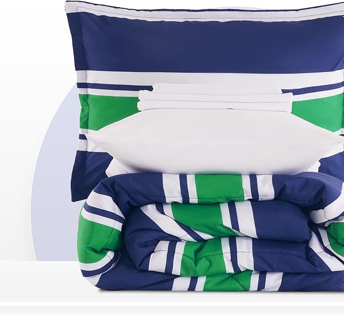 SLEEP ZONE Kids Rugby Bedding Comforter Set Full/Queen Size - Super Cute & Soft Kids Bedding 7 Pieces Set with Comforter, Sheet, Pillowcase & Sham (Rugby Stripe Navy/Green) - LeafyLoom