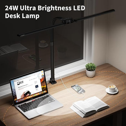 Led Desk Lamp with USB Charging Port Architect Task Dual Lamps for Home Office with Atmosphere Lighting, 24W Ultra Bright Modern Flexible Gooseneck Tall Table Light 5 Color Modes for Drafting Reading - LeafyLoom