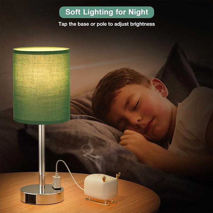 Innqoo Teal Touch Table Lamps Set of 2-3 Way Dimmable Bedside Lamp with USB C and A Ports and Outlets, Modern Nightstand Lamp with Silver Base, Small Bedroom Lamps for Kids Nursery - LeafyLoom