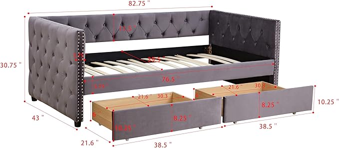 Twin Size Velvet Upholstered Daybed with Two Storage Drawers, Solid Wood Sofa Bed w/Button Tufted Backrest, for Living Room, Bedroom, Dorm, No Box Spring Needed, Grey - LeafyLoom