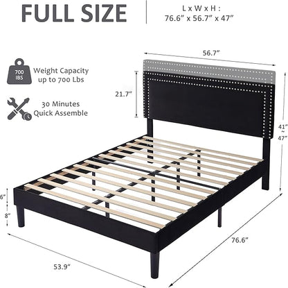 VECELO Full Size Platform Bed Frame with Adjustable Upholstered Headboard, Modern Mattress Foundation,Strong Wood Slat Support, No Box Spring Needed, Easy Assembly - LeafyLoom