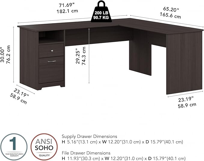 Bush Furniture L Shaped Desk with Drawers for Executive and Home Office | Cabot Collection Corner Table with Storage and Chrome Hardware | 72Wx23DX42W Return - LeafyLoom